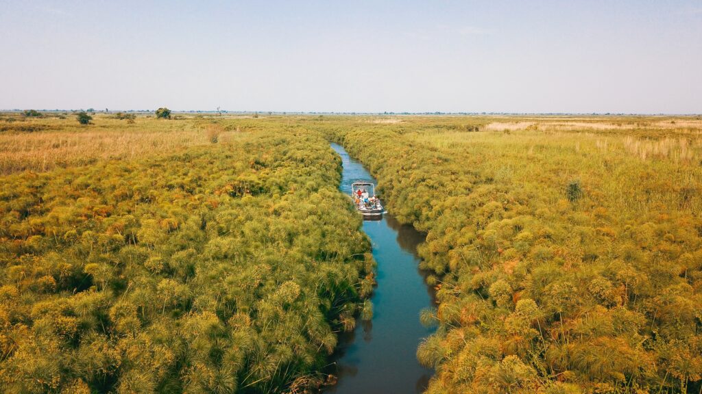 Kleingruppe auf Flussfahrt im Okavango Delta