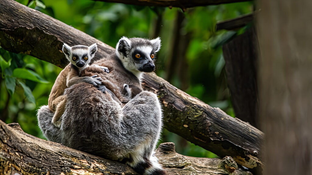 Lemuren Madagaskar Lemuren-Mama sitzt mit ihrem Baby auf einem Ast