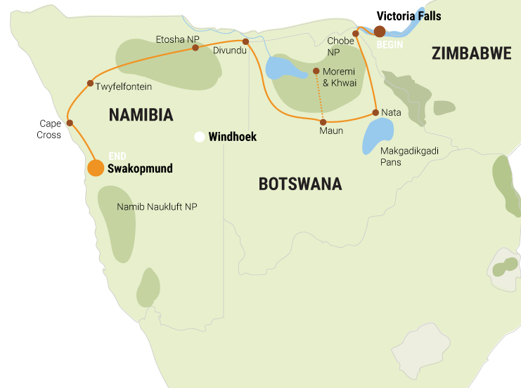 Namibia und Okavango Delta Map